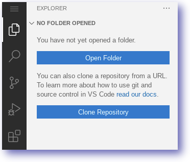 The Explorer Icon selected and the Explorer page displaying buttons for Open Folder and Clone Repository