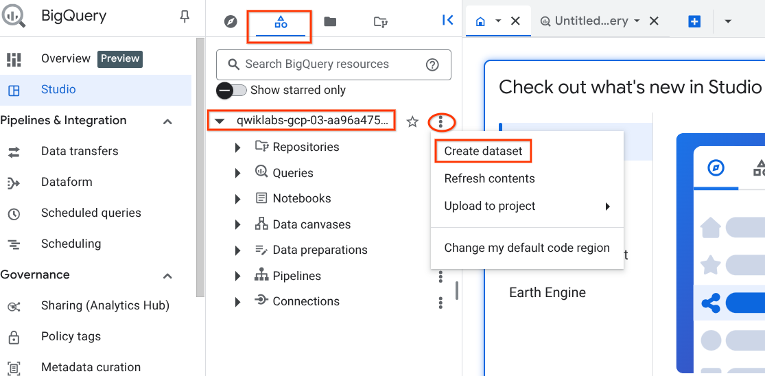 Create dataset option highlighted