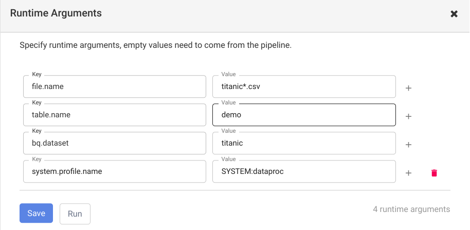 Pipeline runtime arguments dialog