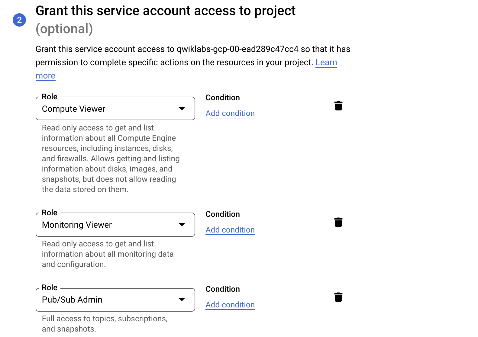 The step two, Grant this service account access to project (optional), section