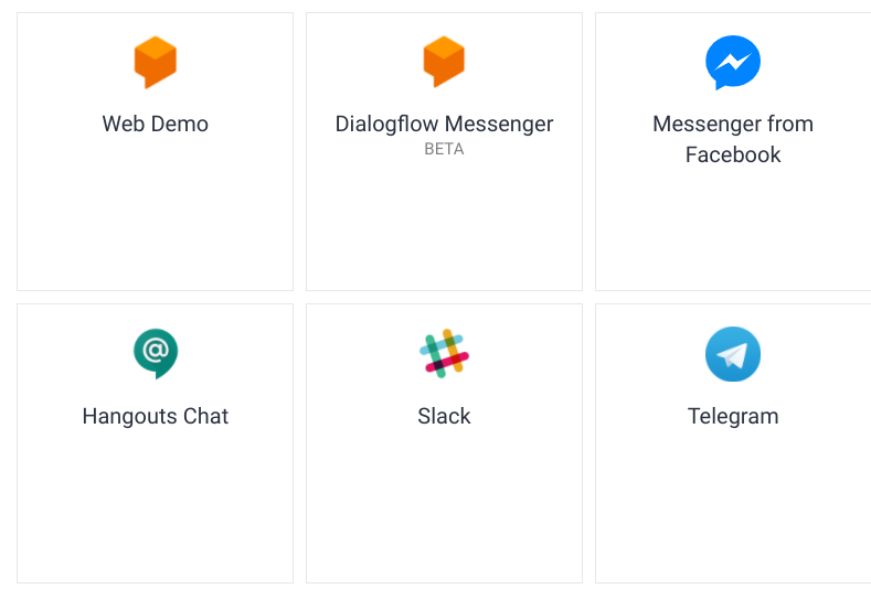 Several tiled integrations, including Web Demo, Hangouts Chat, and Slack.
