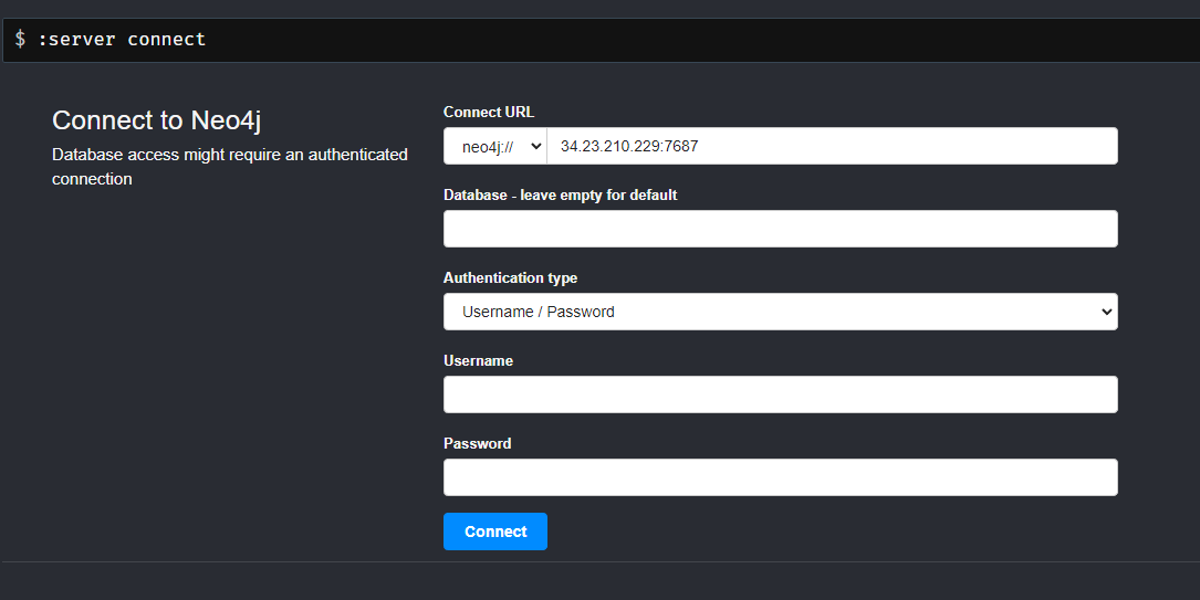 Neo4j login dialog box, which includes fields such as Connect URL and Database