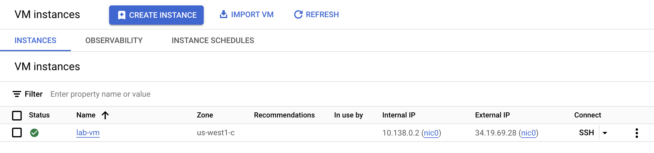 VM instances tabbed page with a linux instance listed