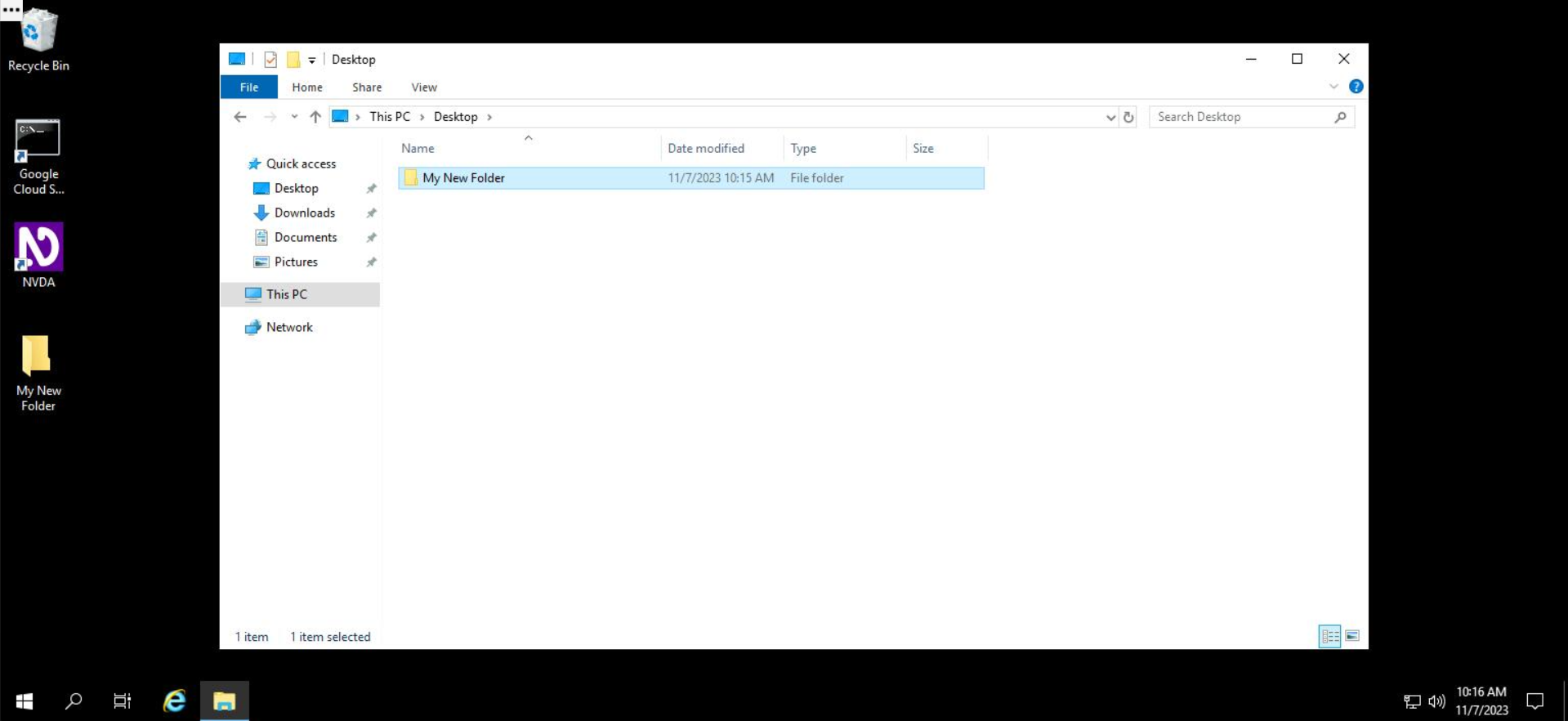 Screenshot of a Windows desktop, open to File Explorer. Within File Explorer, there is a folder called "My New Folder", which is stored on Desktop of This PC.