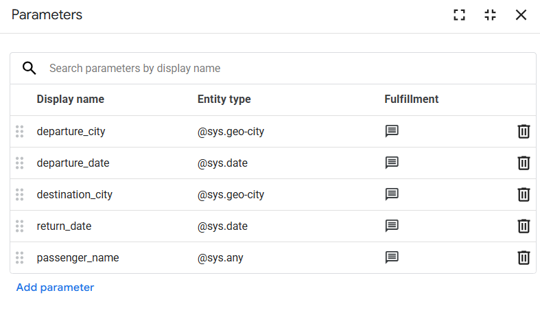 Parameters page displaying the list of added parameters