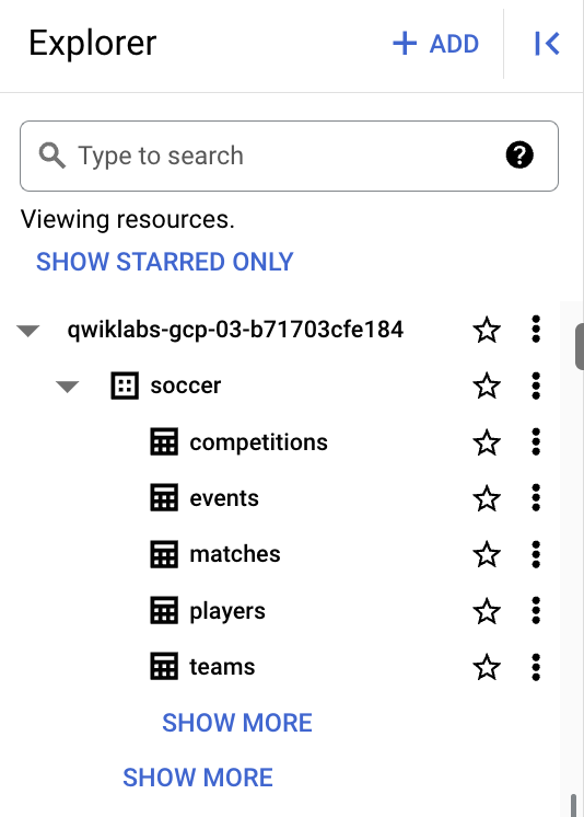 Tables listed below the soccer dataset in the Explorer menu