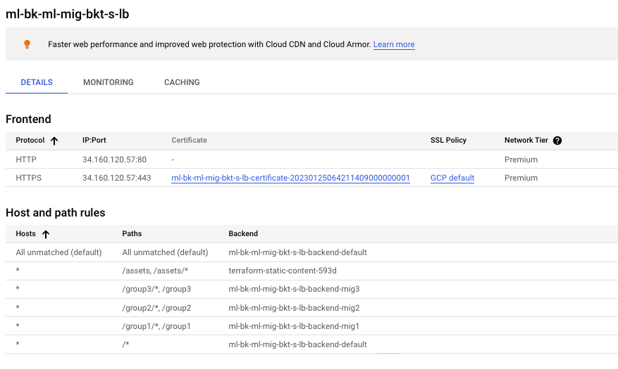 O front-end de um balanceador de carga mostra os detalhes disponíveis, incluindo vários protocolos, hosts e regras de caminho.