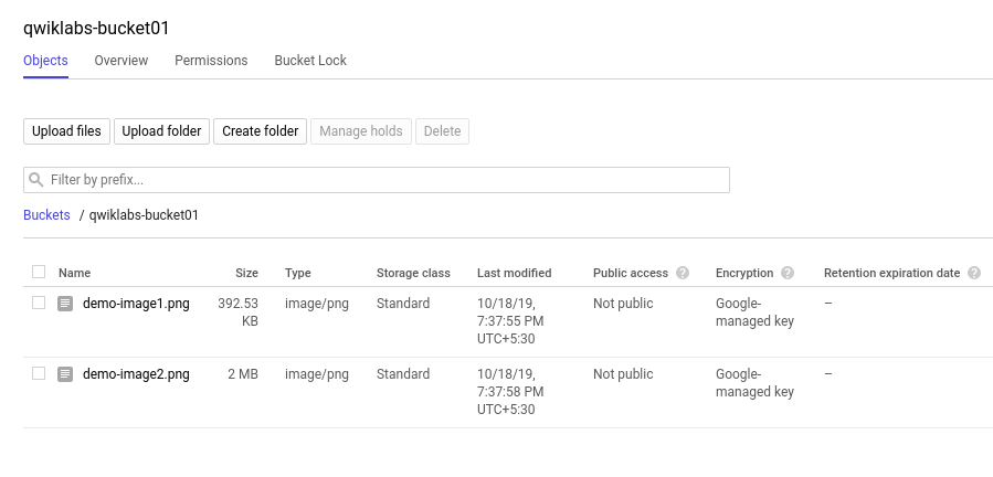demo-image1.png and demo-image2.png listed on the Objects tabbed page of qwiklabs-bucket01