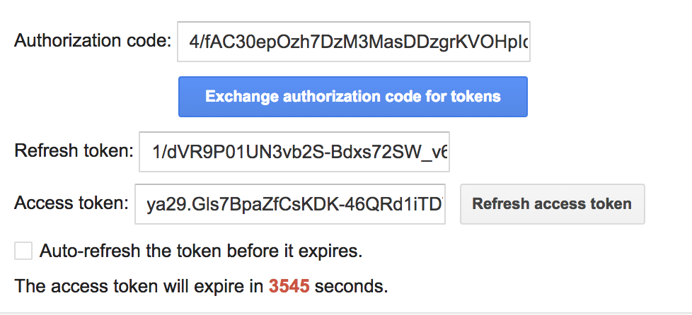 Step 2 パネルには、[Authorization code]、[Refresh token]、[Access token] のフィールドが表示されています