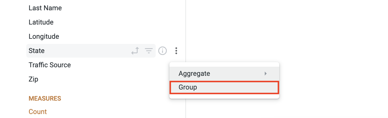 Expanded More dropdown menu for State with Group option highlighted