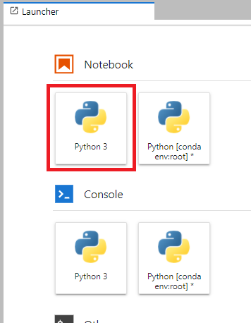 The Launcher page with the Python 3 tile highlighted in the Notebook section