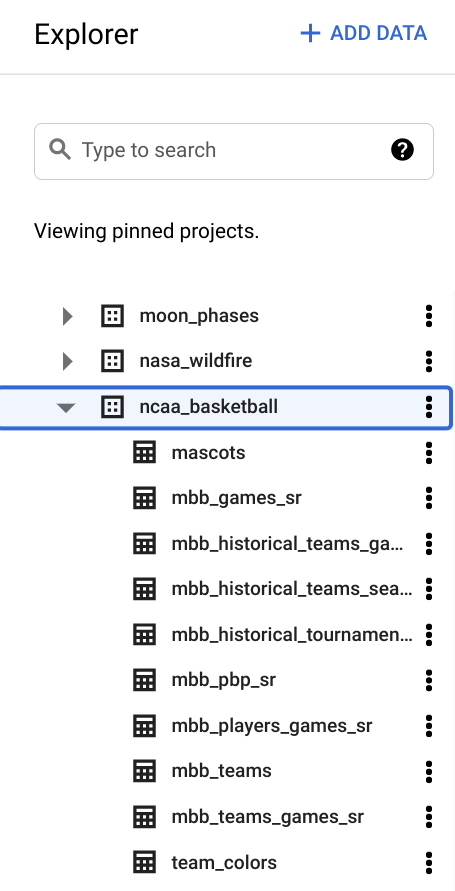 Panneau &quot;Explorateur&quot; avec l&#39;ensemble de données &quot;ncaa_basketball&quot; sélectionné et plusieurs tables affichées en-dessous