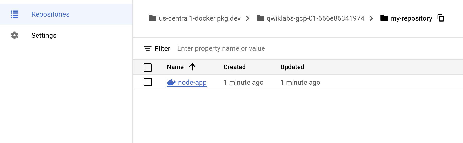 node-app section of artifact registry