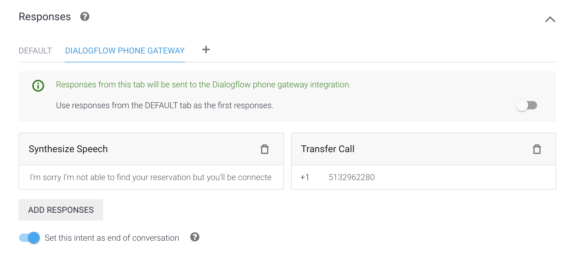 Set this intent as end of conversation slider on the Dialogflow Phone Gateway tabbed page