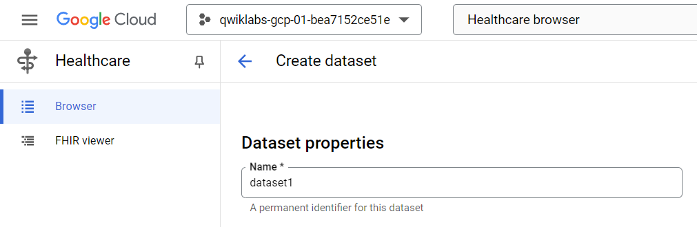 The Create dataset page displaying the populated dataset name