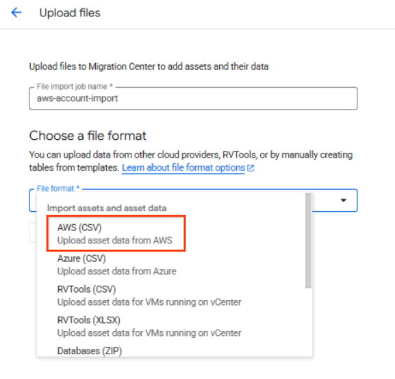 File upload options.