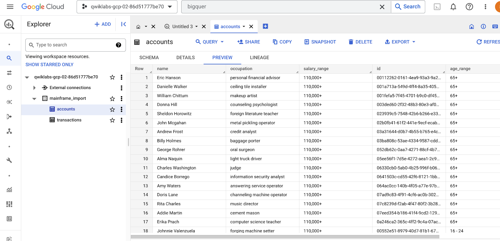 BigQuery dataset: account
