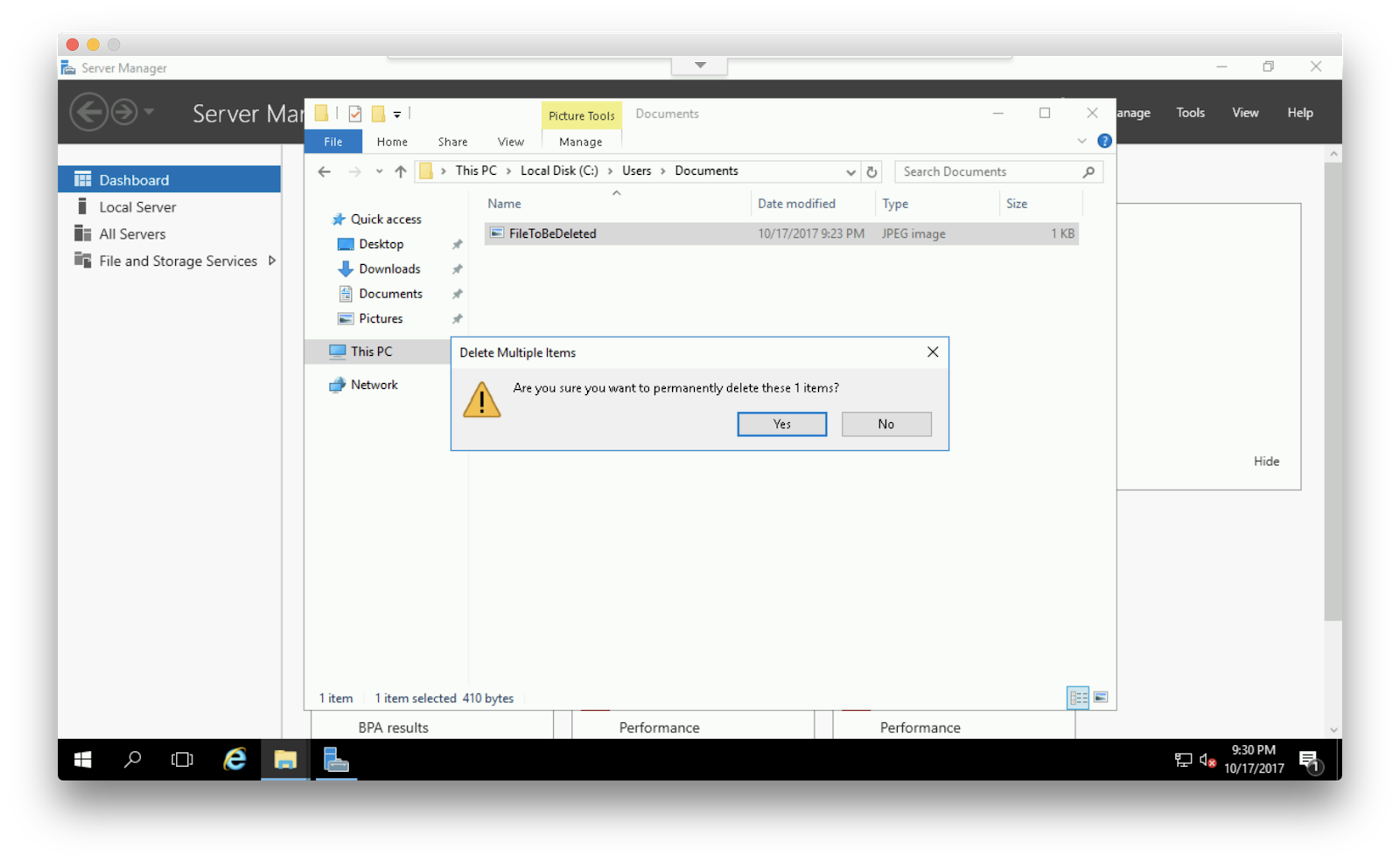 Screenshot des Datei-Explorers mit dem Pop-up „Are you sure you want to permanently delete 1 item?“ und den Schaltflächen „Yes“ und „No“.