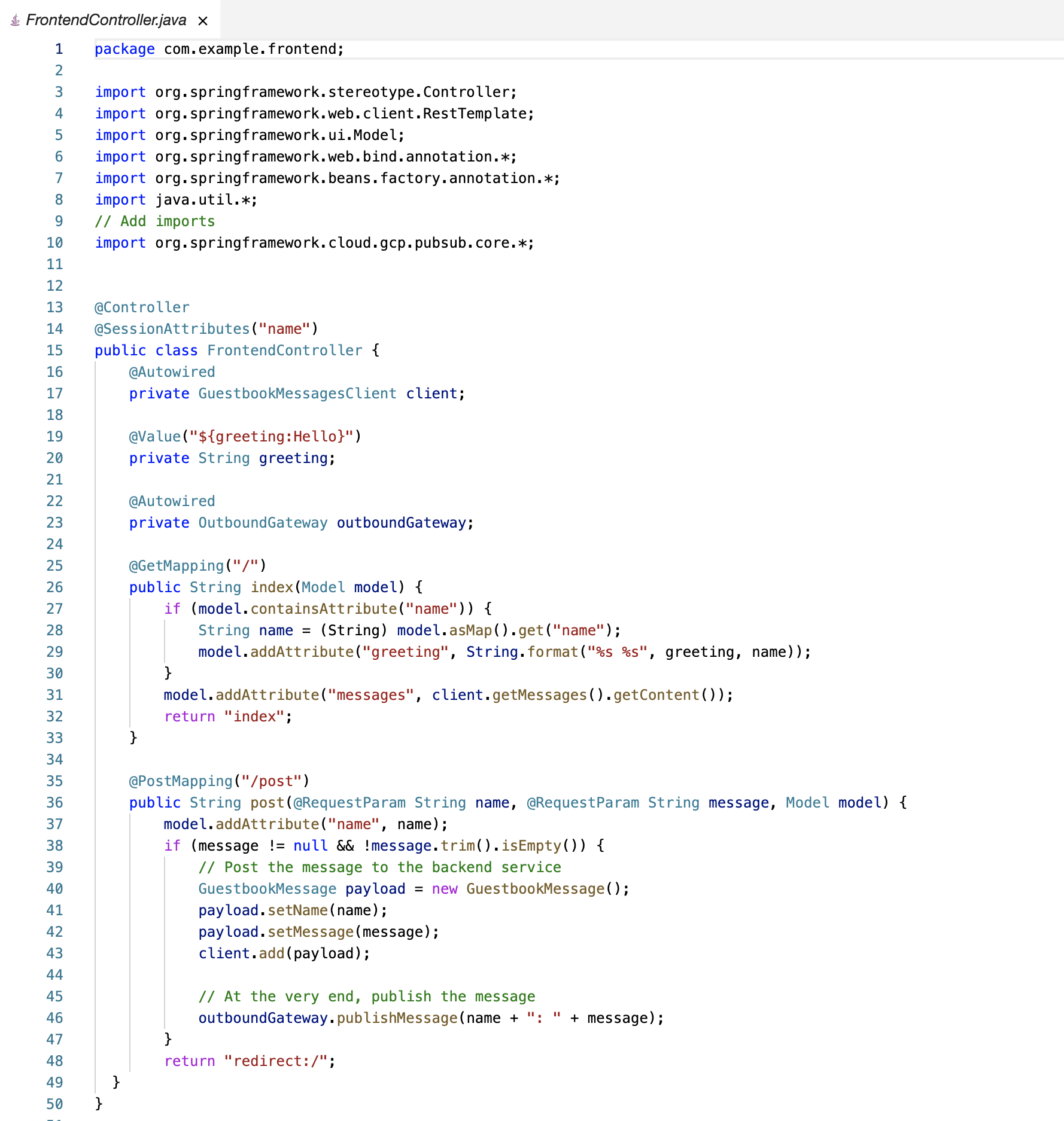 The frontendController.java file