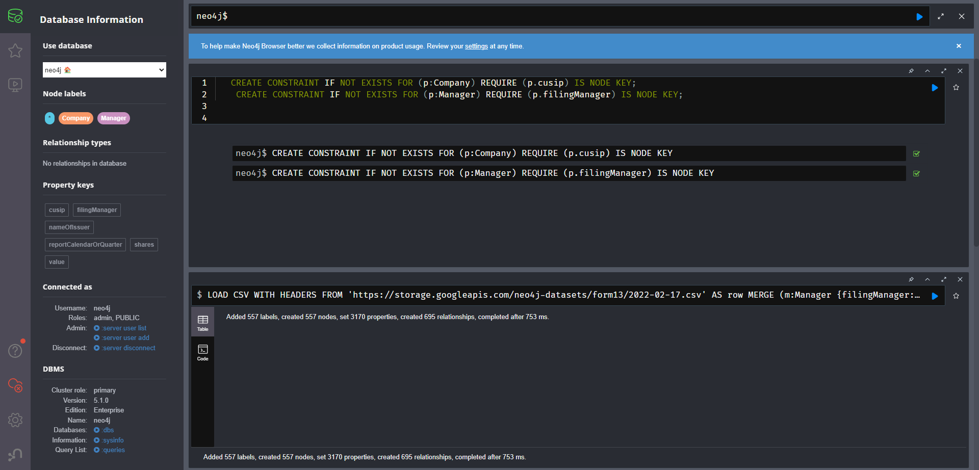 Two constraints listed within the Neo4j interface.