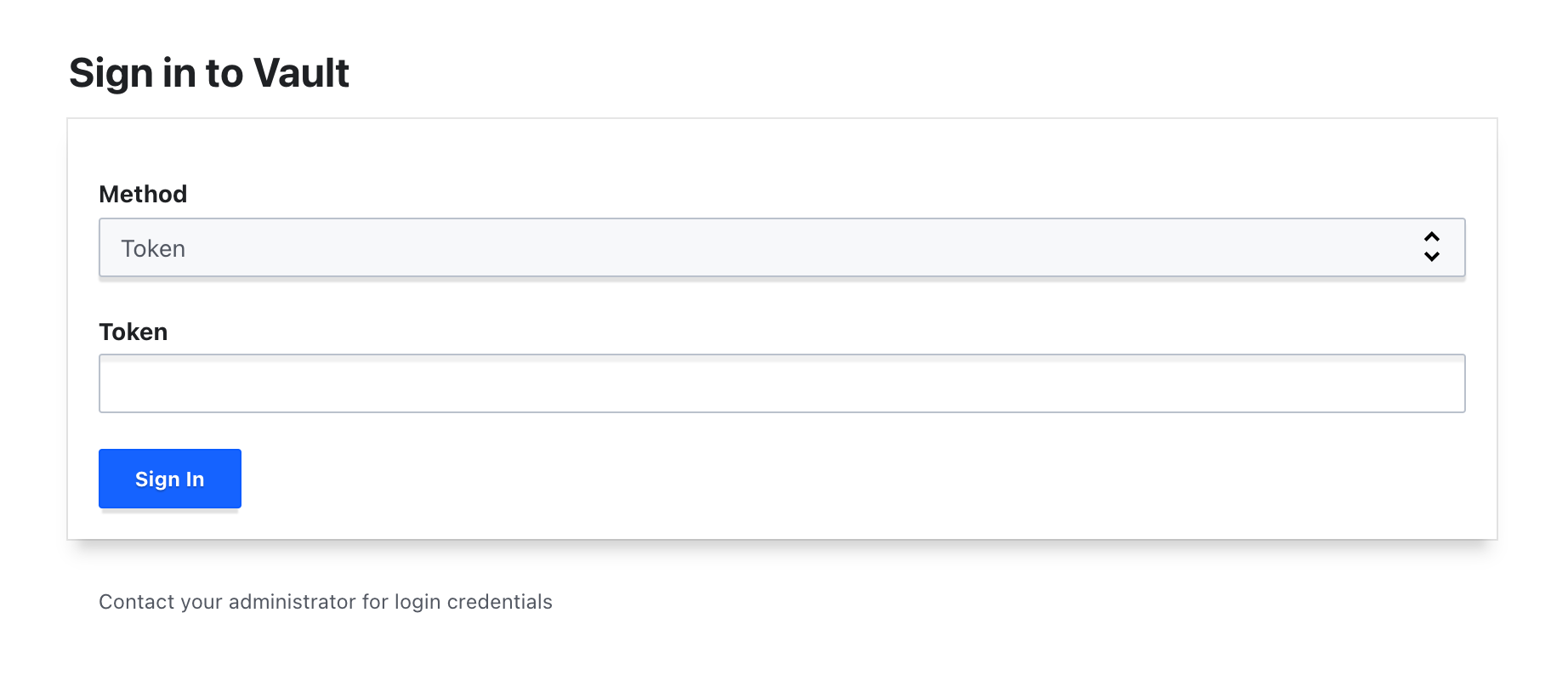 Vault sign in page, which includes the Method and Token fields.