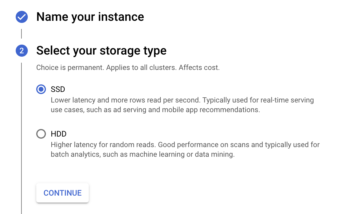 The Create an instance page displaying the values in the Select your storage type section