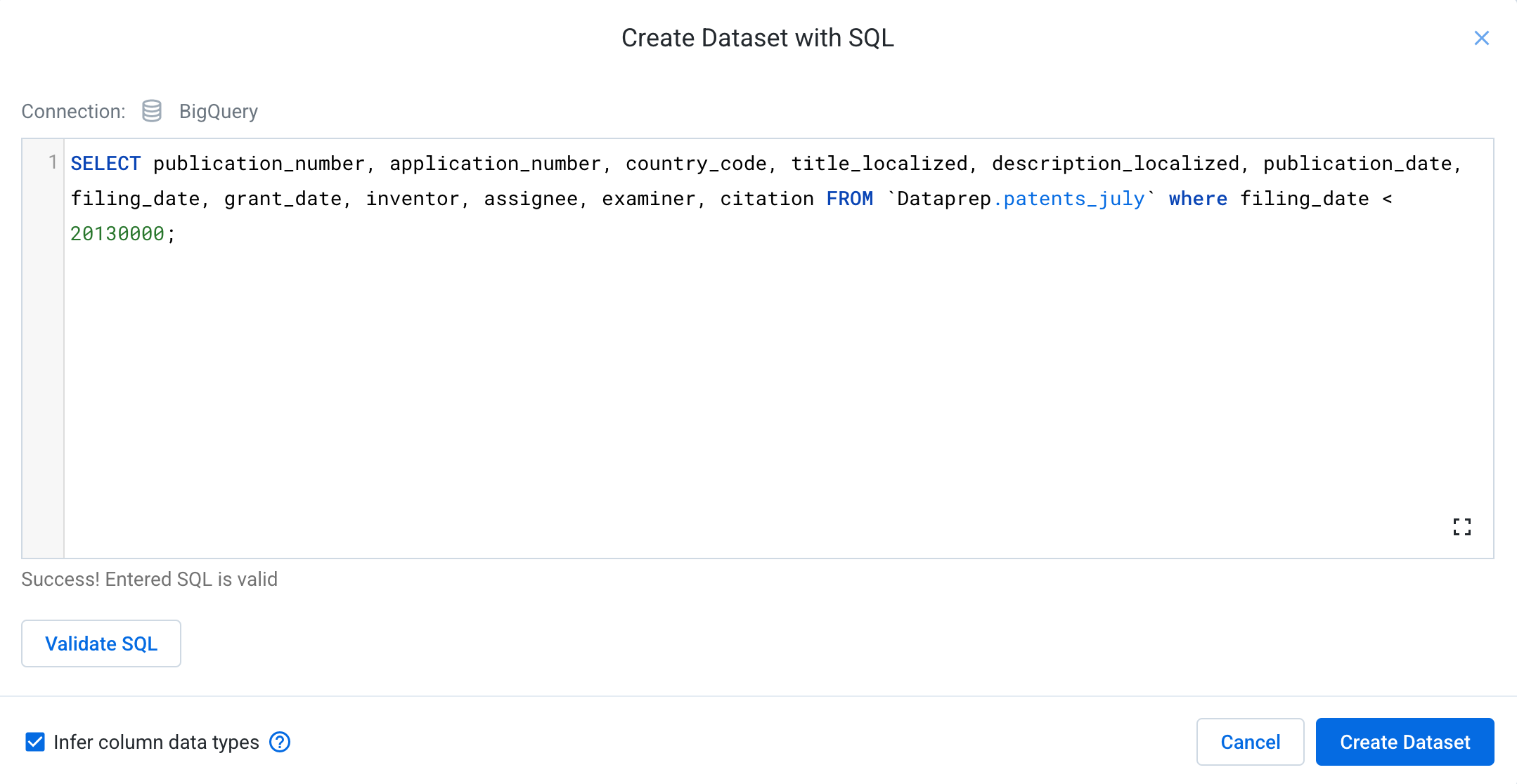 Create Dataset with SQL query dialog box displaying validated SQL statement