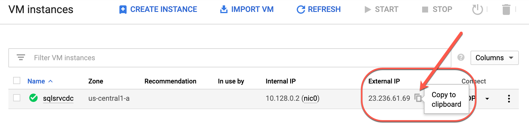 VM instances window