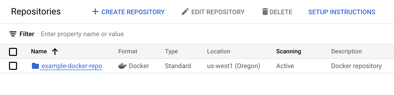 Artifact Registry repository page