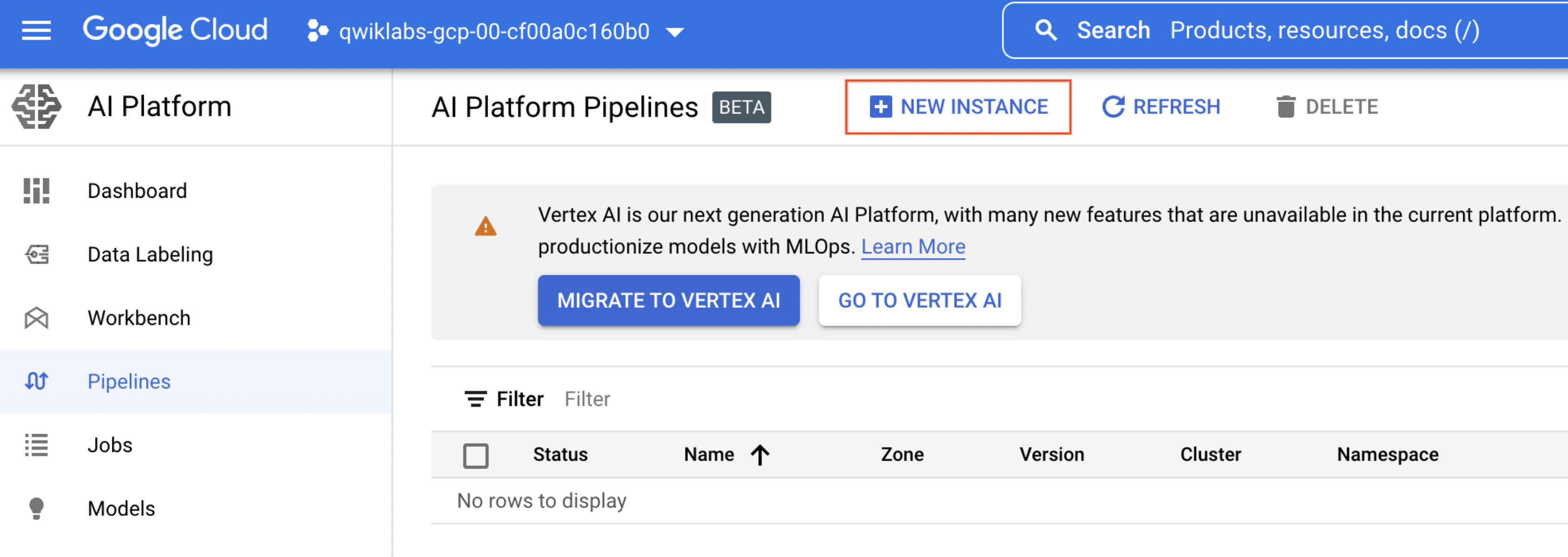 Bouton &quot;Nouvelle instance&quot; encadré sur la page &quot;AI Platform Pipelines&quot;