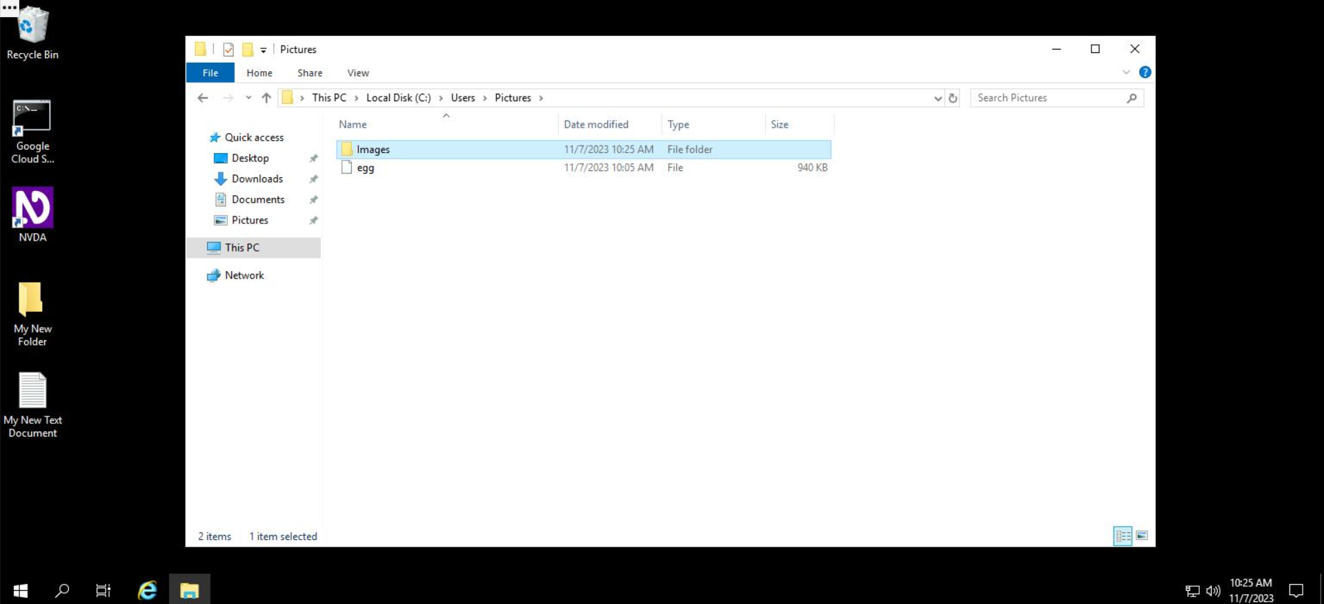 Screenshot of file explorer showing the "Pictures" folder, including the newly copied "Images" folder.