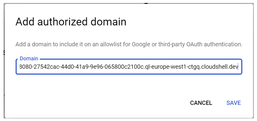Add authorized domain dialog box with Domain field populated