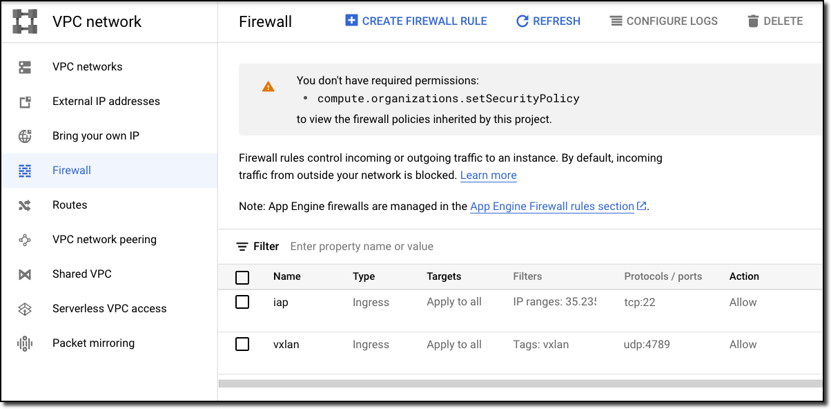 Firewall page with the two rules listed