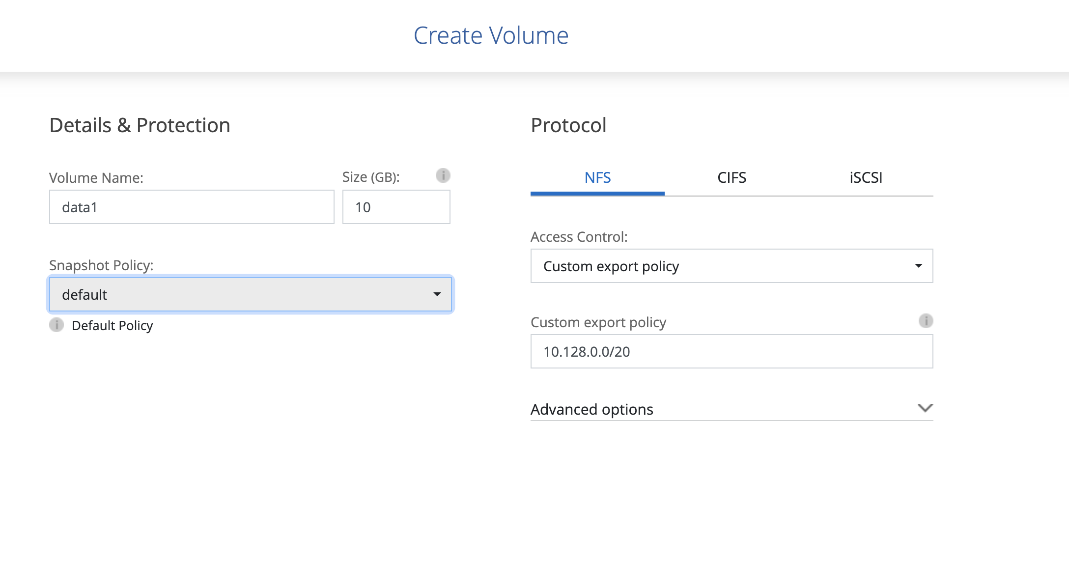The Create Volume section