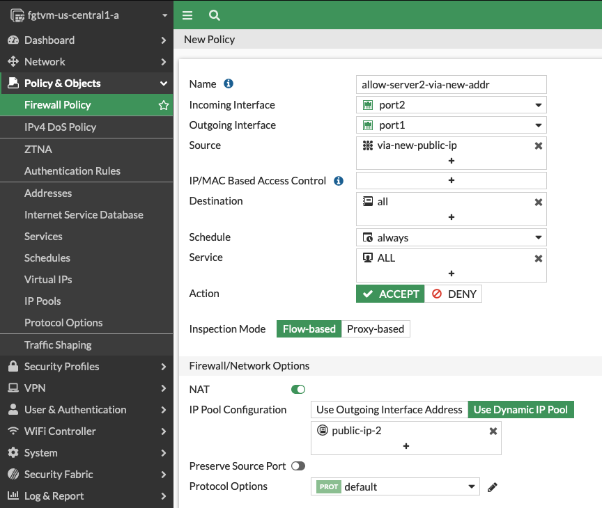 Firewall policy configuration in FortiGate