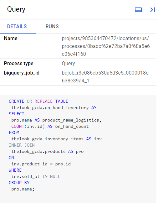 The Details tabbed page of the on_hand_inventory flow diagram, which includes its job ID and process type.