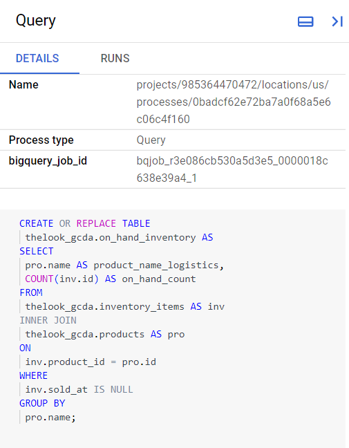 Página Detalles con pestañas en el diagrama de flujo on_hand_inventory, que incluye el ID de tarea y tipo de proceso.