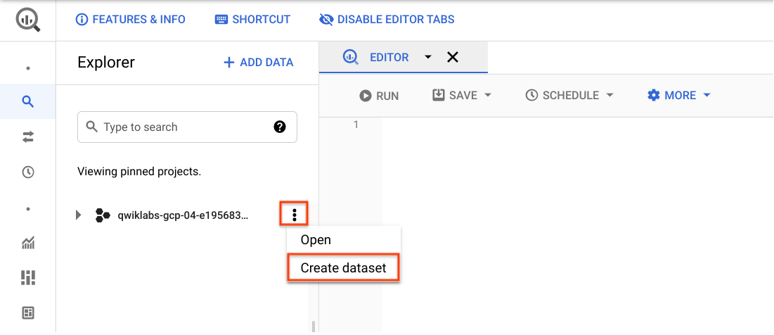 BigQuery console with the View actions icon and the Create dataset menu option highlighted