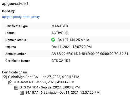 The active certification configuration settings, including that of the status, type, and certificate chain.