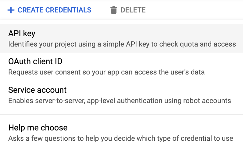 API key selected on the Create credentials page