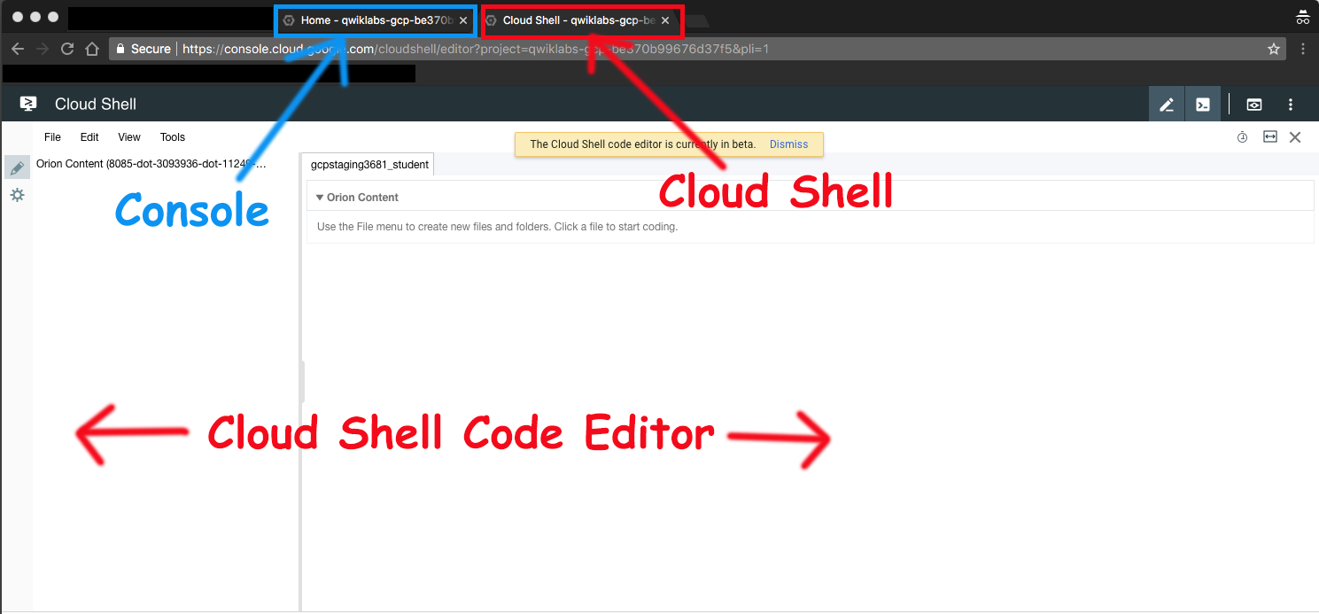 Three interfaces: Cloud Shell Code Editor, Console, and Cloud Shell Command Line highlighted