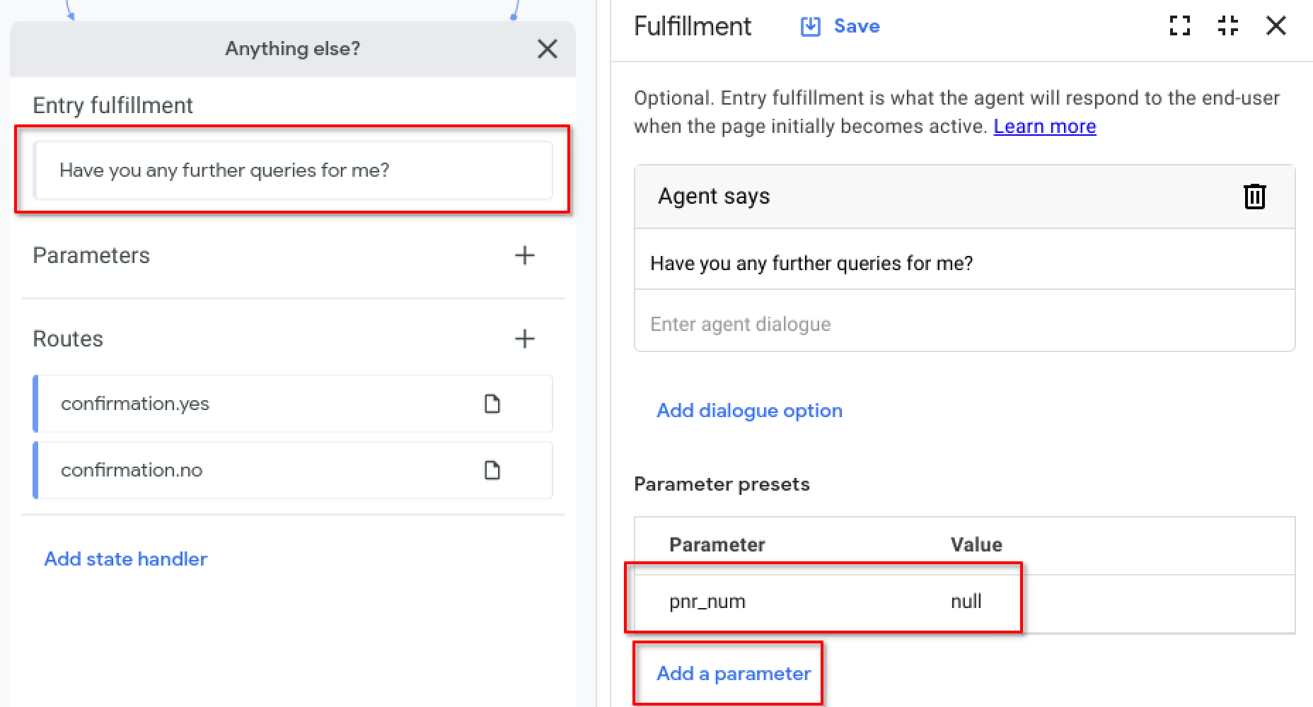 The Anything else? page displaying the highlighted entry fulfillment field and parameter presets section