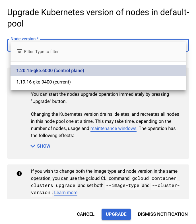 The most recent version selected in the Node version dropdown