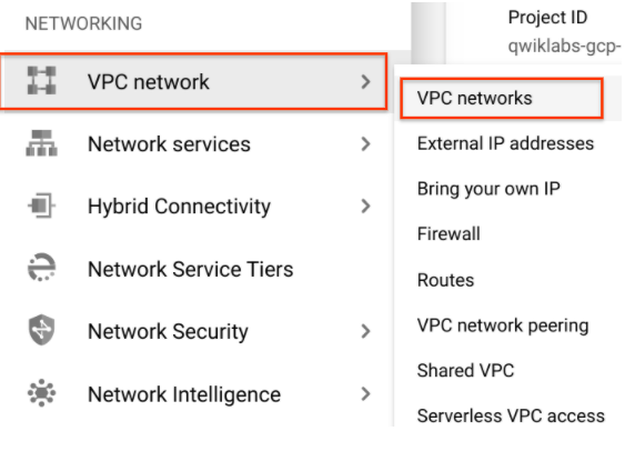 Expanded Navigation menu with VPC networks option highlighted