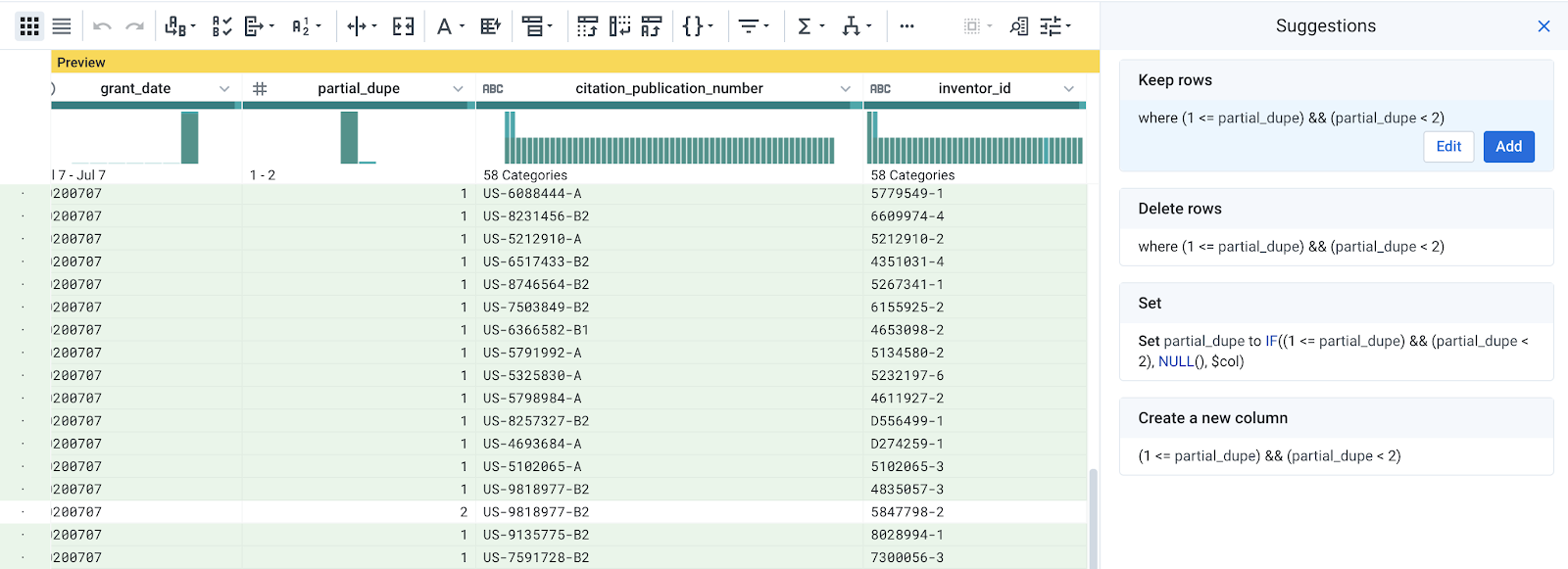 Suggestions panel displaying populated Keep rows field