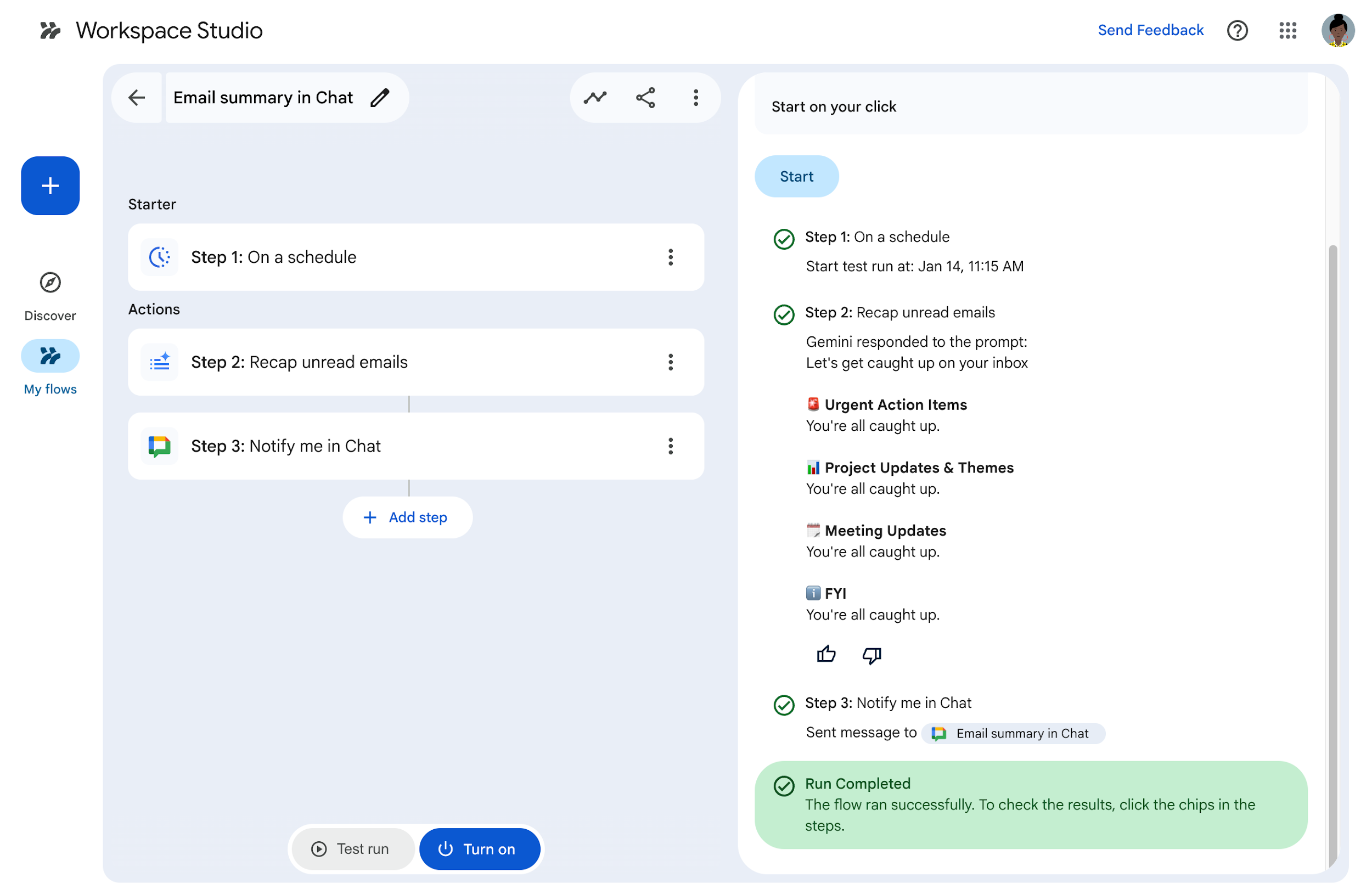 flow edit box with successful run completed message