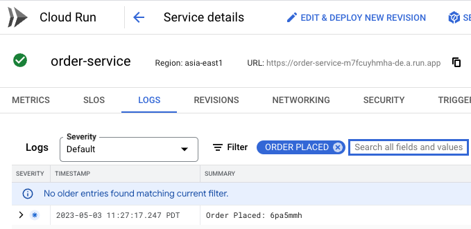 The logs tabbed page displaying the generated order placed ID