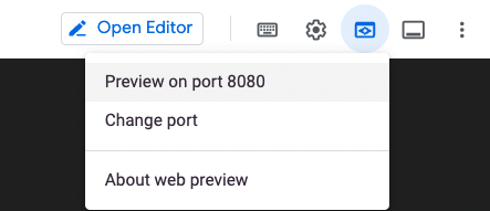 Preview on port 8080 option highlighted within the web preview menu.