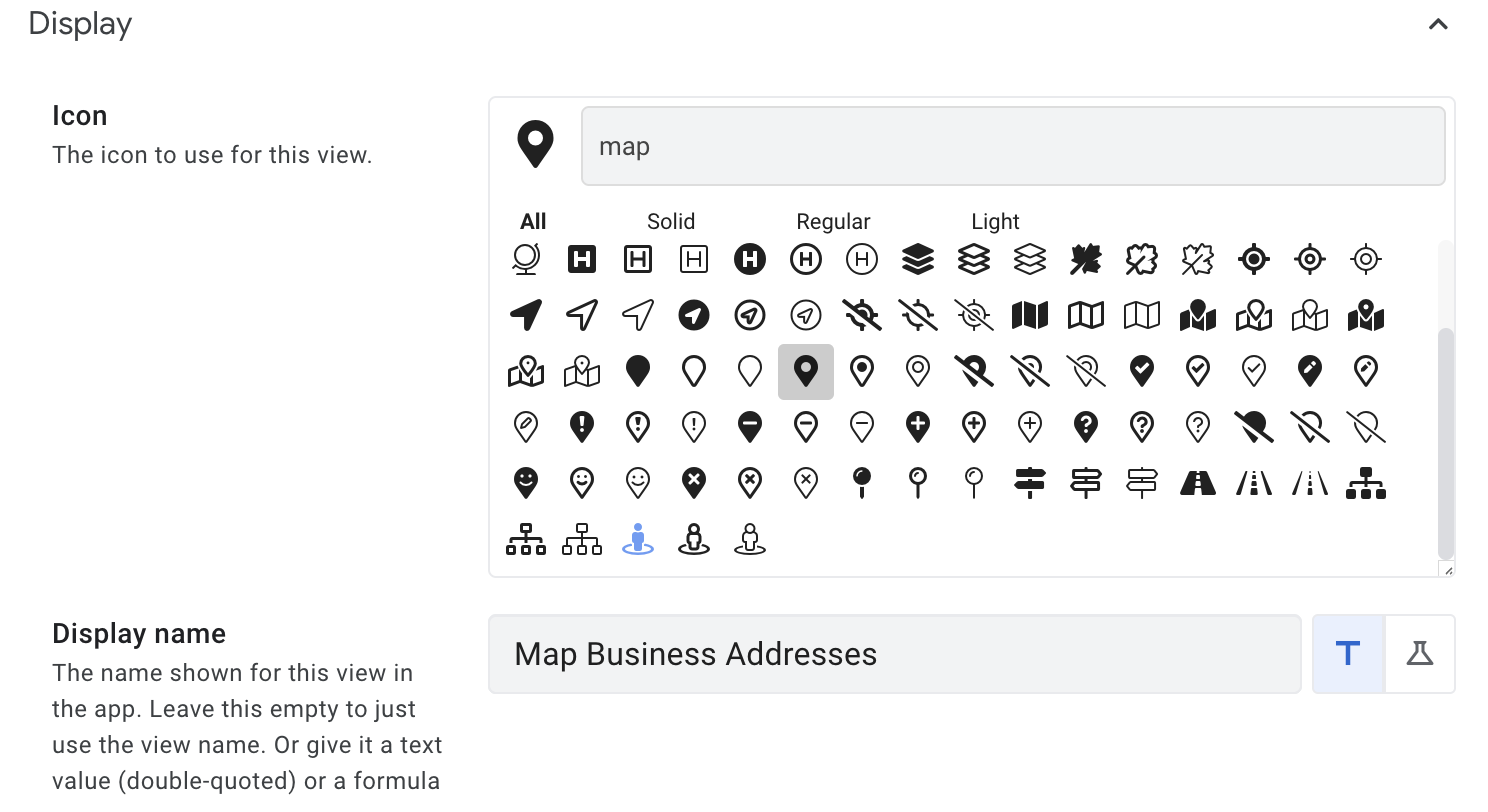 A highlighted map icon in the search result, and Map Business Address in the Display name field.