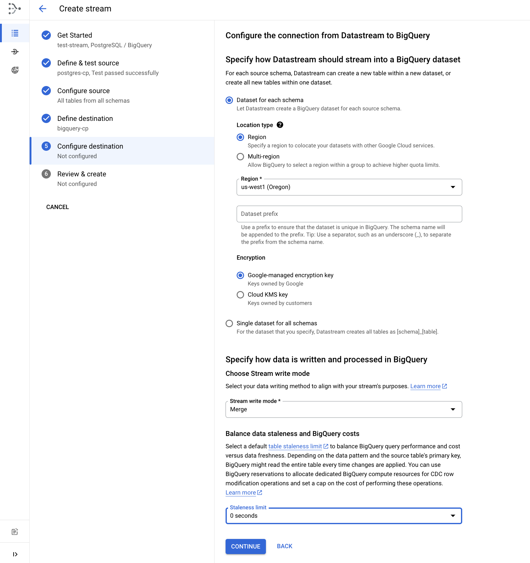 step 5 of the create stream page with location selected 